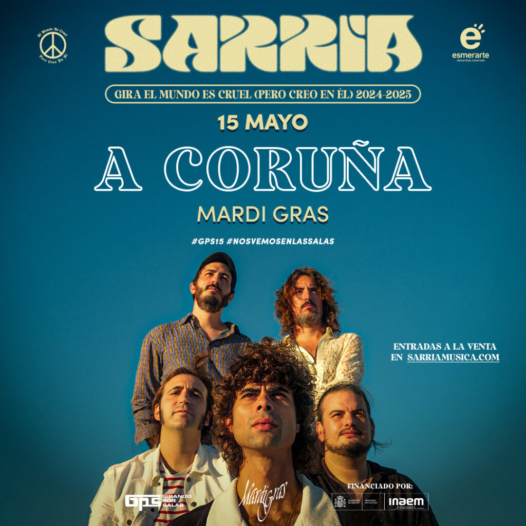 Cartel concierto Sarria, A Coruña, Sala Mardi Gras 15 de mayo